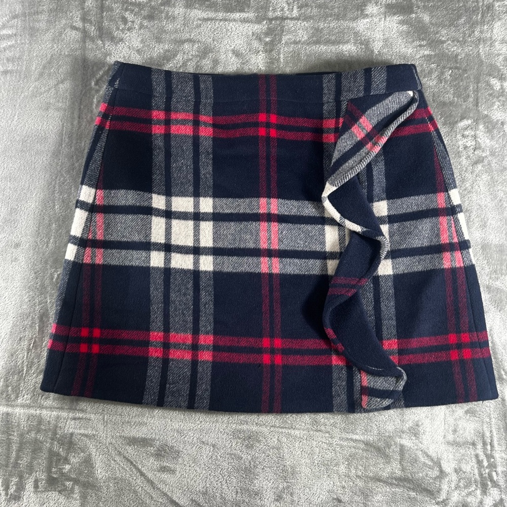J.Crew Size 12 Plaid Red Navy White Double Serge Wool Ruffle Lined Mini Skirt